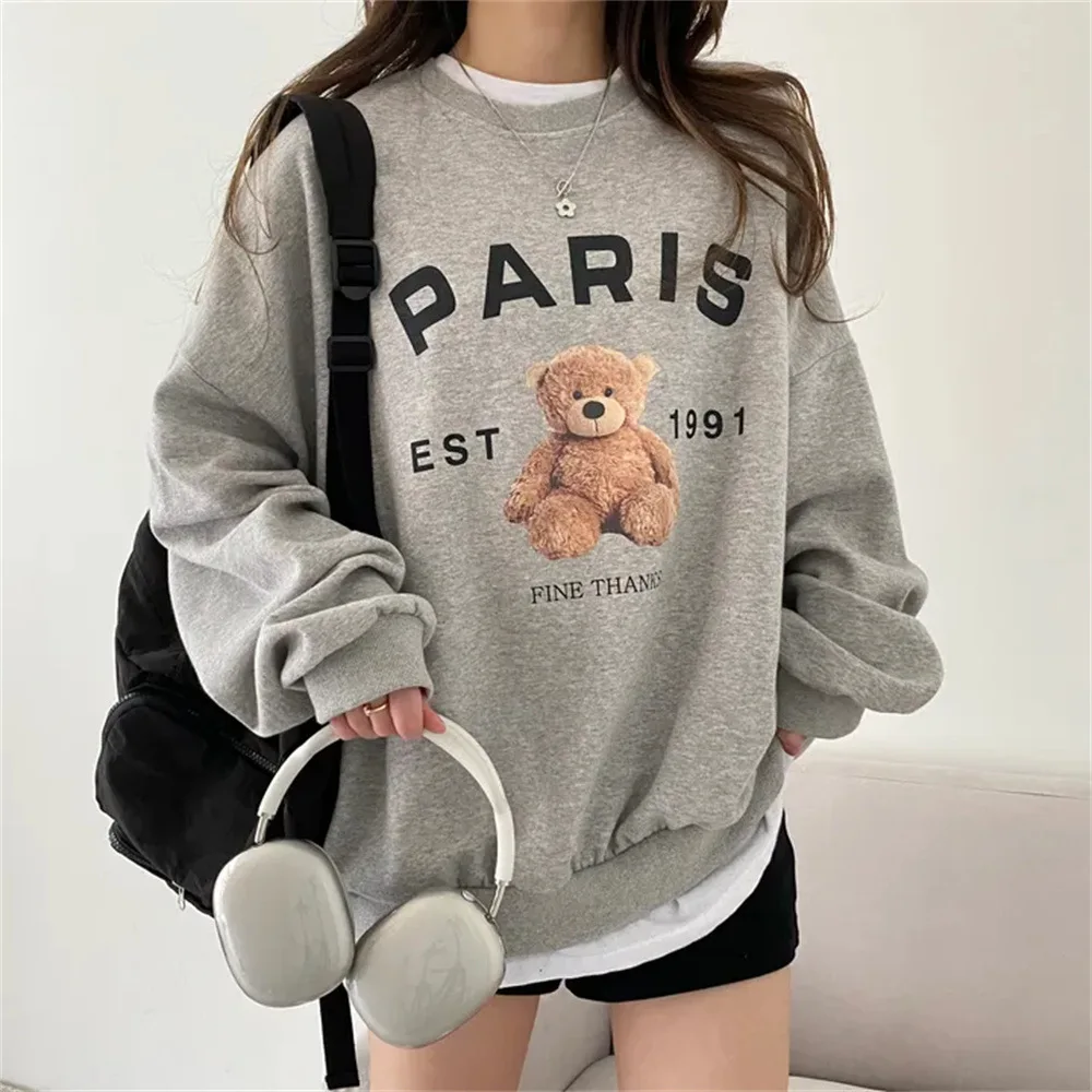 Women Sports Fashion Casual Hooded Bear Printing Hoodies Warm O-neck Sweatshirt Fleece Hoody Novelty Tide Clothes Spring