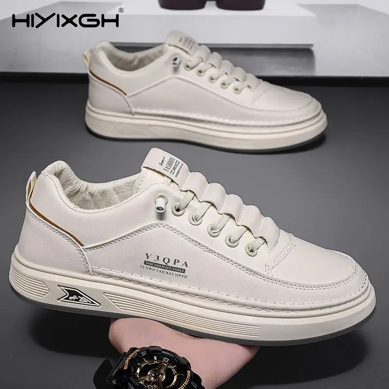 Men's White Platform Sneakers 2026 Autumn Breathable PU Thick Sole Casual Daily Streetwear Korean Style Footwear
