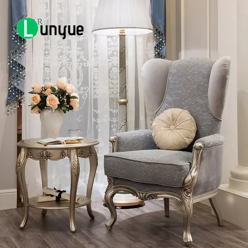 Luxury French Classic Carved Wooden Sofa Side Table Grey Round MDF Top Antique Corner End Table for Living Room Bedroom Decor