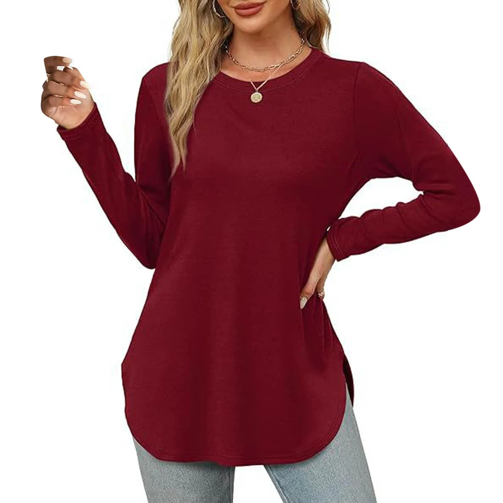 Women's Long Sleeve Tunic Blouse Streetwear Round Neck Shirt Side Slits Basic Loose Long Top Casual Large Tall Women Undershirt