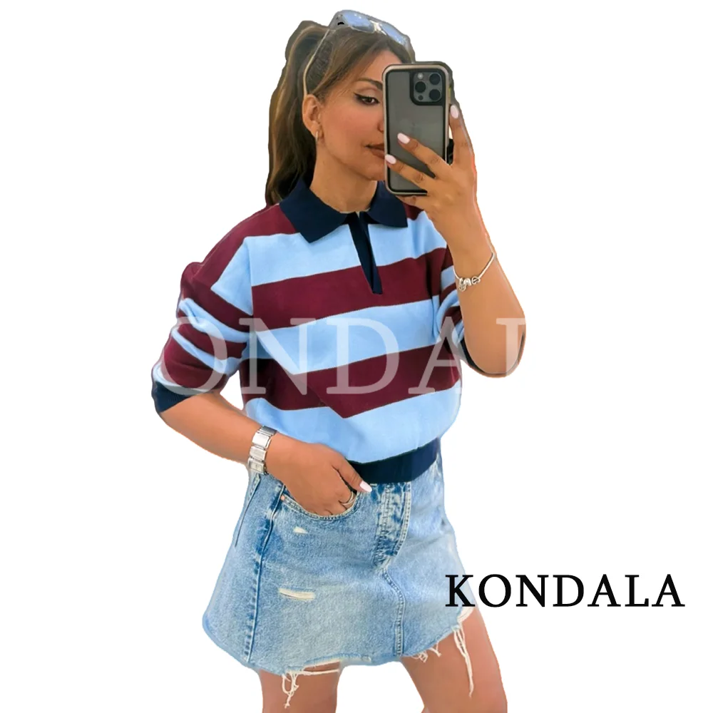 KONDALA Damen Herbst Casual Gestreiftes Strickhemd Street-Chic V-Ausschnitt Langarm-Pullover 2026 Herbst Trendige Elegante Vintage-Oberteile