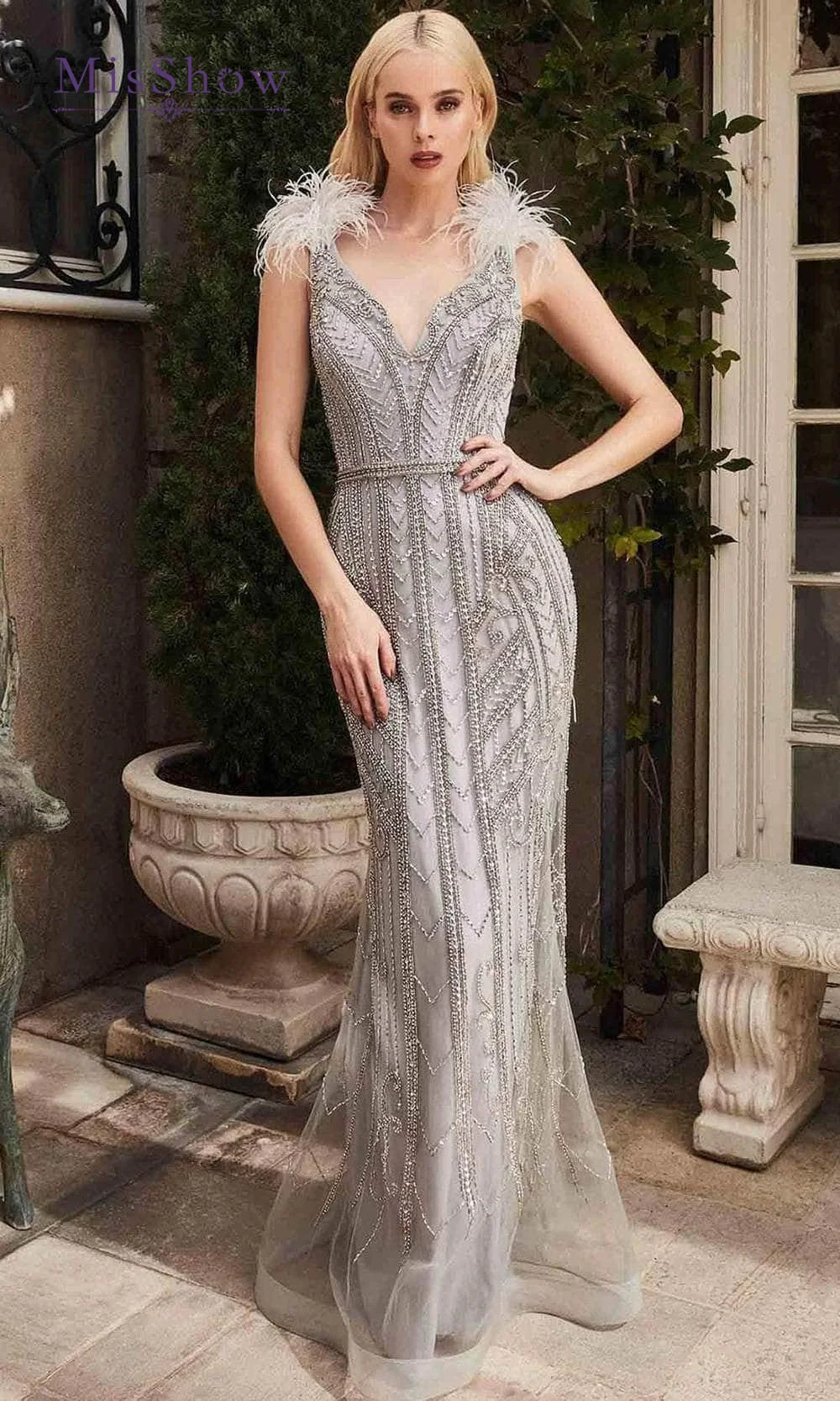 MisShow Luxury Feather Mermaid Evening Dress Elegant Silver Beaded Prom Dresses for Black Girls Graduation Party