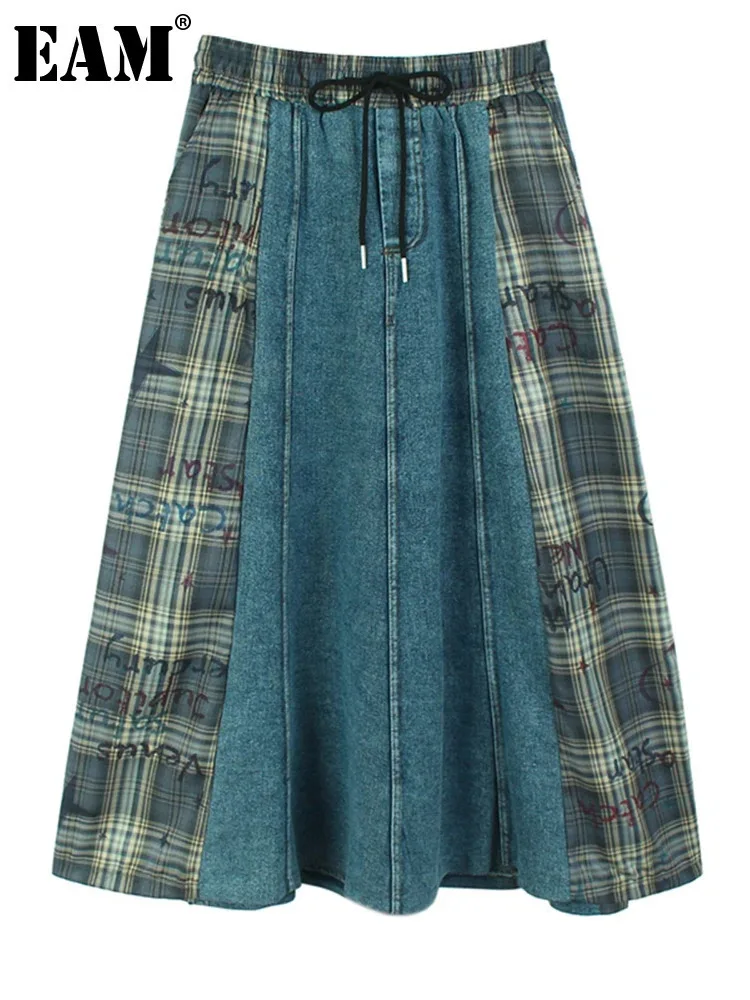 [EAM] High Elastic Waist Coffee Plaid Denim Color-block A-line Half-body Skirt Women Fashion Tide New Spring Autumn 2025 1DH8753