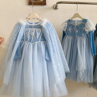 Girls Princess Dress Blue Puffy Tulle Baby Dress With Detachable Cape Velvet Sequin Snowflake Kids Party Performance Costume