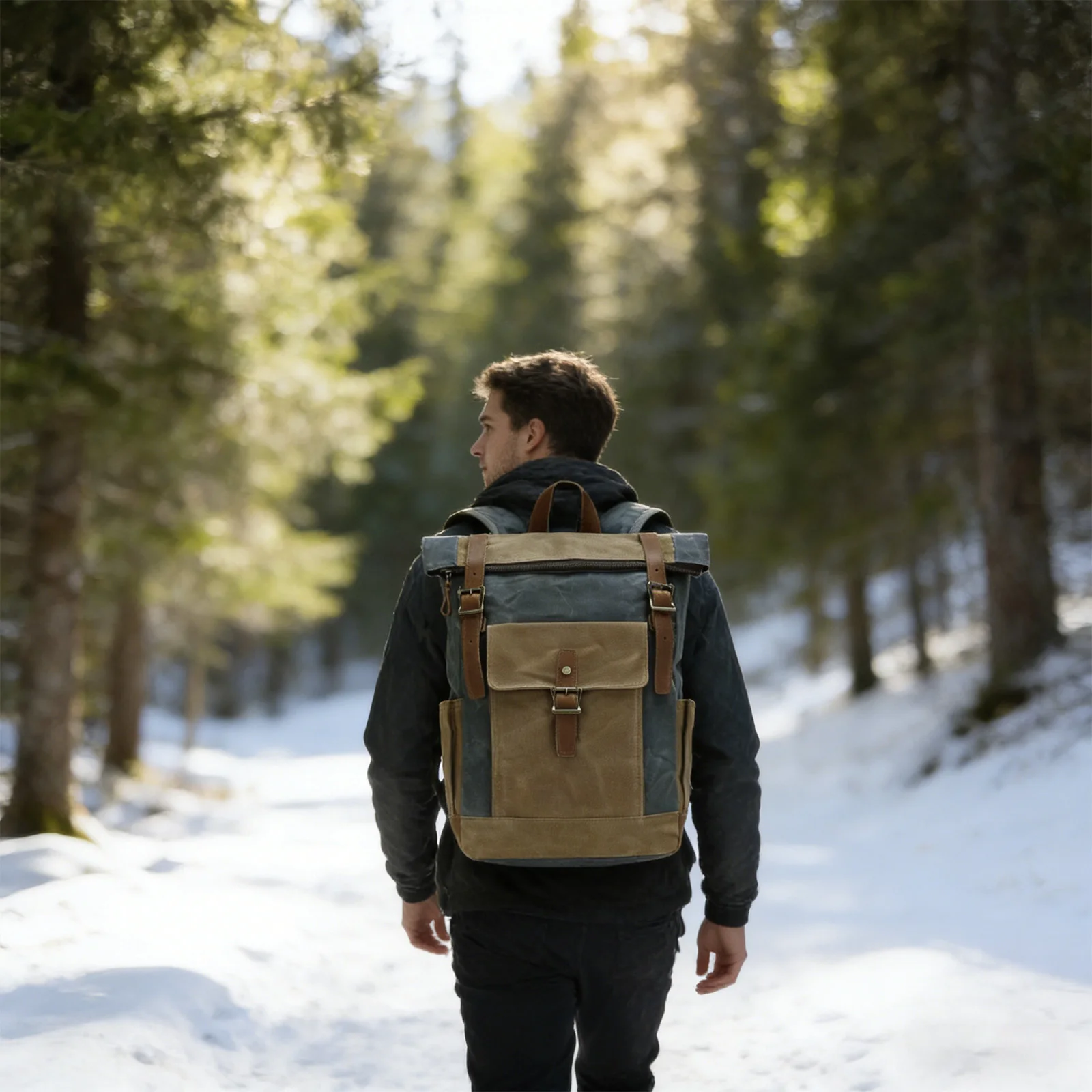 Retro Waxed Canvas Roll-top Backpack for Men with Crazy Horse Leather 13 inch Laptop Large Casual Mochila Work Travel Hiking