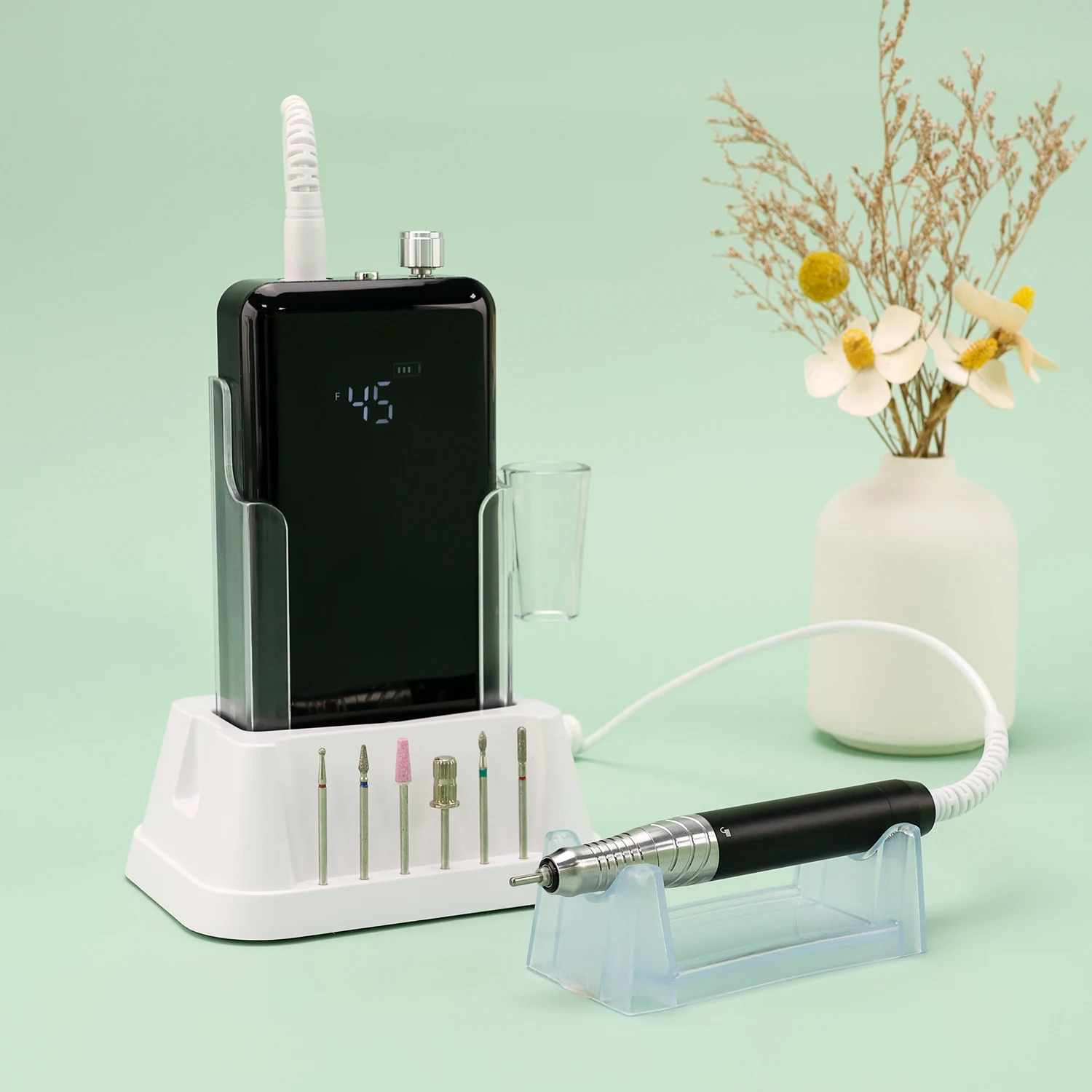 45000 U/min Akku-Nagelbohrmaschine, Aluminiumlegierung, 85 W, bürstenlose elektrische Nagelfeile, Maniküre, Vollbild-Display mit Sockel