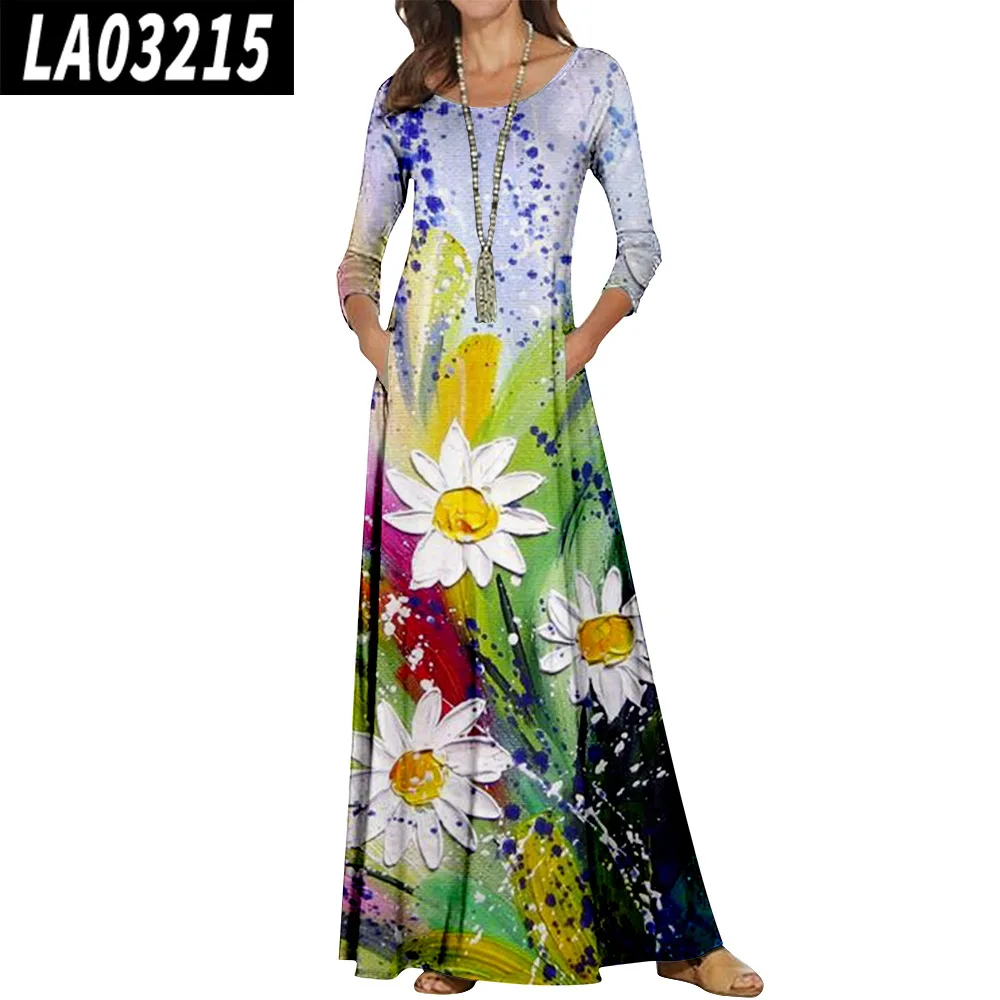 Woman Floral Print Round Neck Long Pullover Dress Elegant Casual Fashion Long Sleeve A-line Dresses