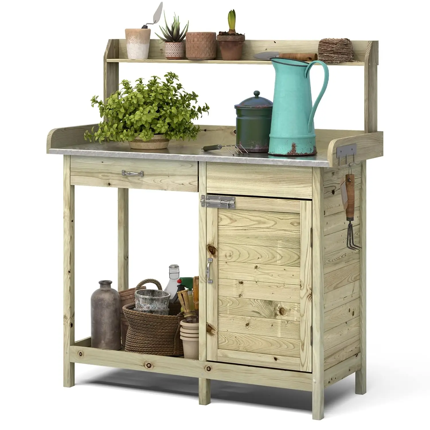Outdoor Potting Bench with Sink & Storage Shelves, Wooden Garden Workstation for Planting, 44x18x49.5in, Customized