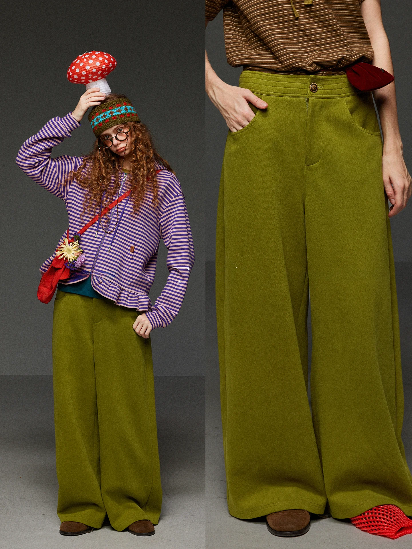 High Waist Fleece Lined Straight Leg Wide Leg Pants Women's Autumn Winter Green Inner Color Casual Long Trousers
