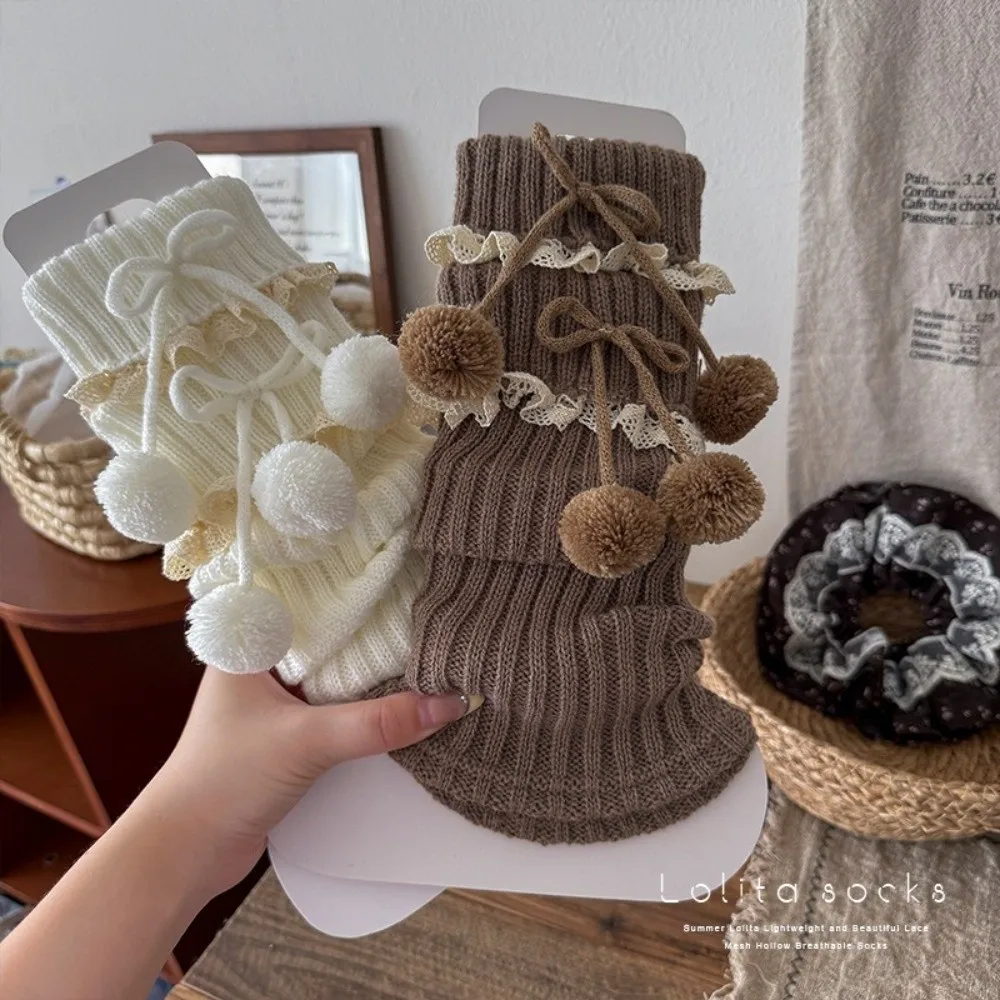 New Solid Color Leg Warmers Knitted Lolita Middle Tube Socks Bow Pompom Thickened Hosiery Gift