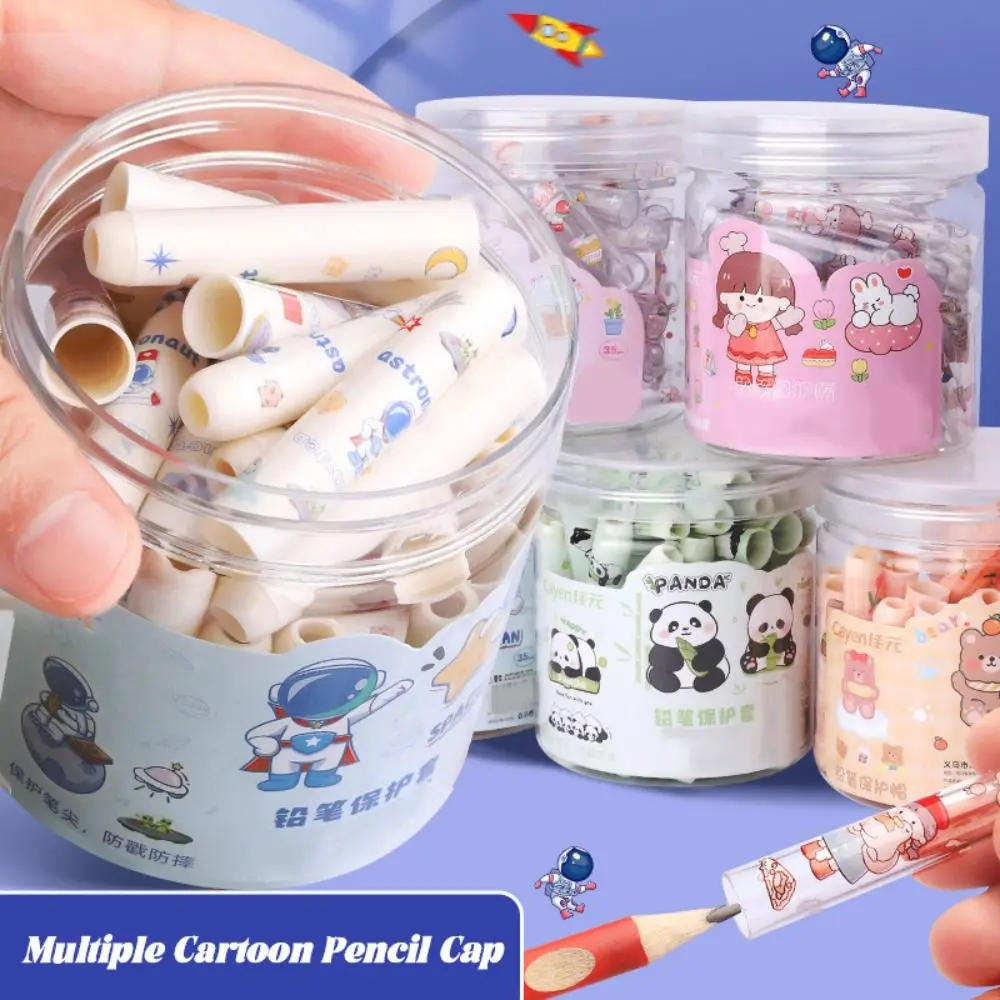 35PCS/Box Plastic Pencil Cap Transparent Capybara/Astronaut/Panda Pencil Protective Case Solid Color Pencil Extender Students