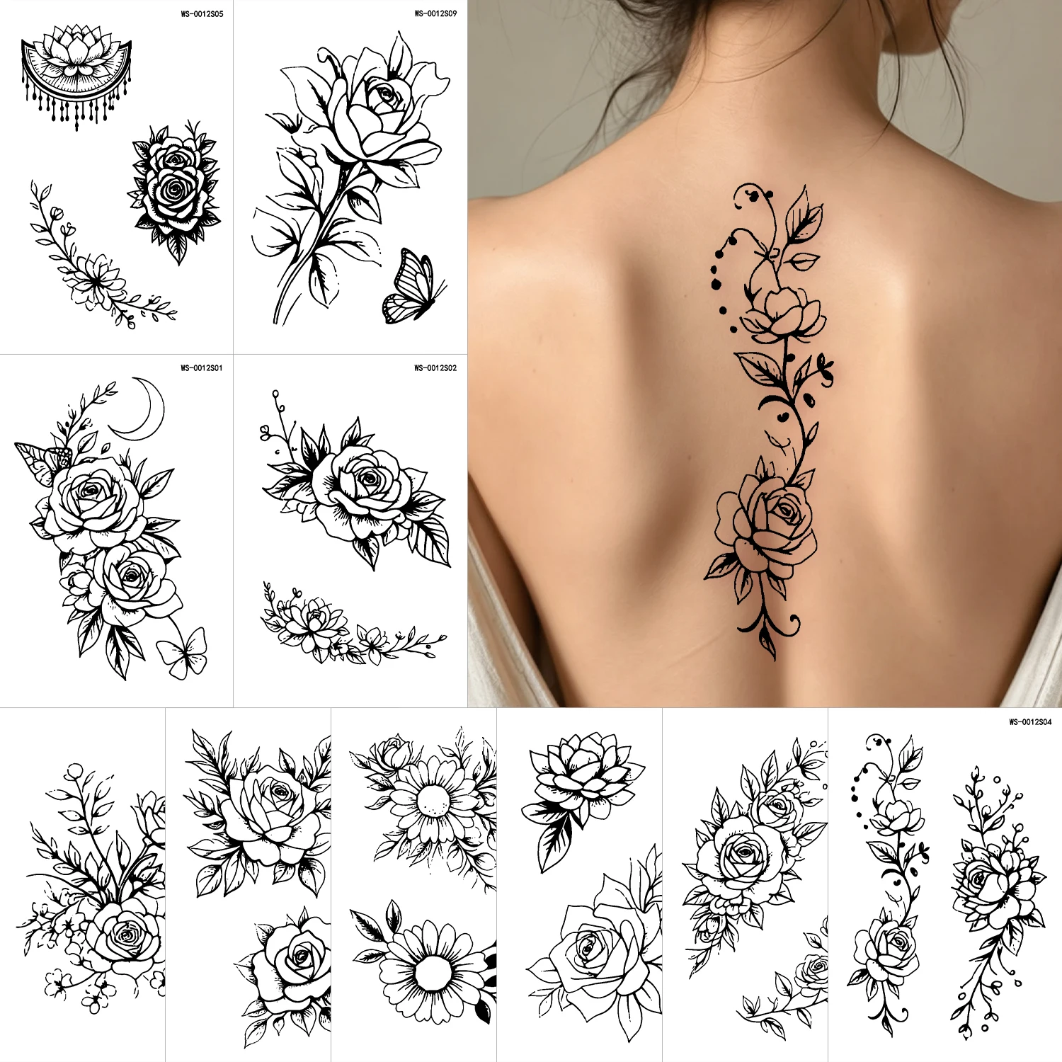 10Pcs Black Flower Butterfly Fake Tattoo Stickers Lines Rose Daisy Temporary Tattoos for Sexy Women Body Hand Back Makeup Decals