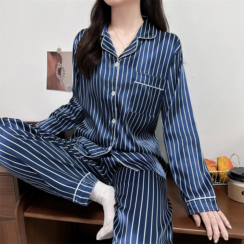 

2025 New Spring Casual Outerwear Pajama Set Minimalist Fashion Pajama Set Retro Striped Collared Pajama Set Women's Style