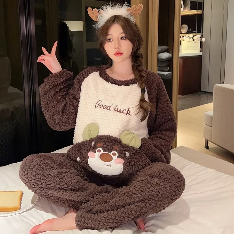 5XL Large Size Plush Pajamas Set Women Winter Sweet Cartoon Long sleeved Top and Trousers Home Suit Loungewear Fluffy Outerwear