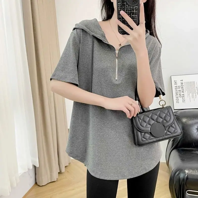 Fashion Loose Zipper Solid Color Lace Up Hooded T-Shirts Female Clothing 2024 Summer New Oversized Casual Tops Korean Tee Shirt