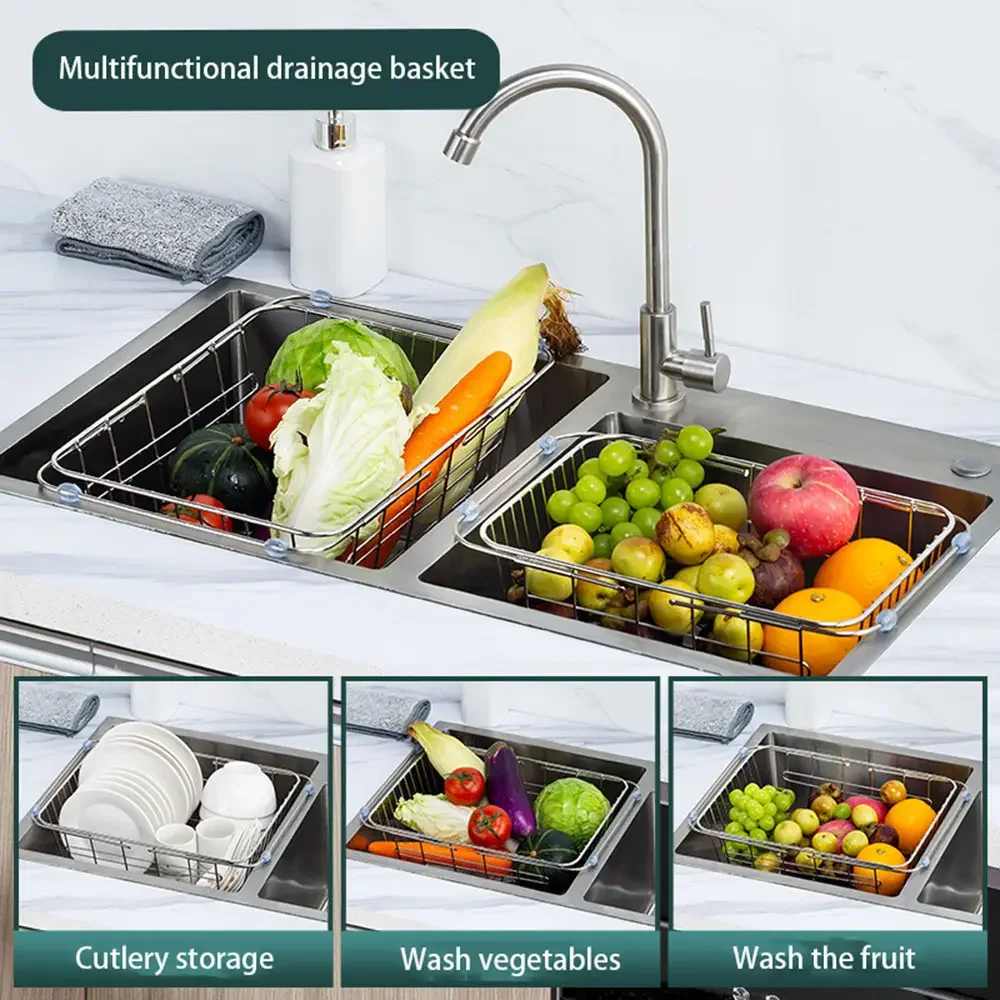 Adjustable Kitchen Sink Strainer with Drain Basket, Fruit and Vegetable Dish Rack Multifunctional Stainless Steel Sink Basket