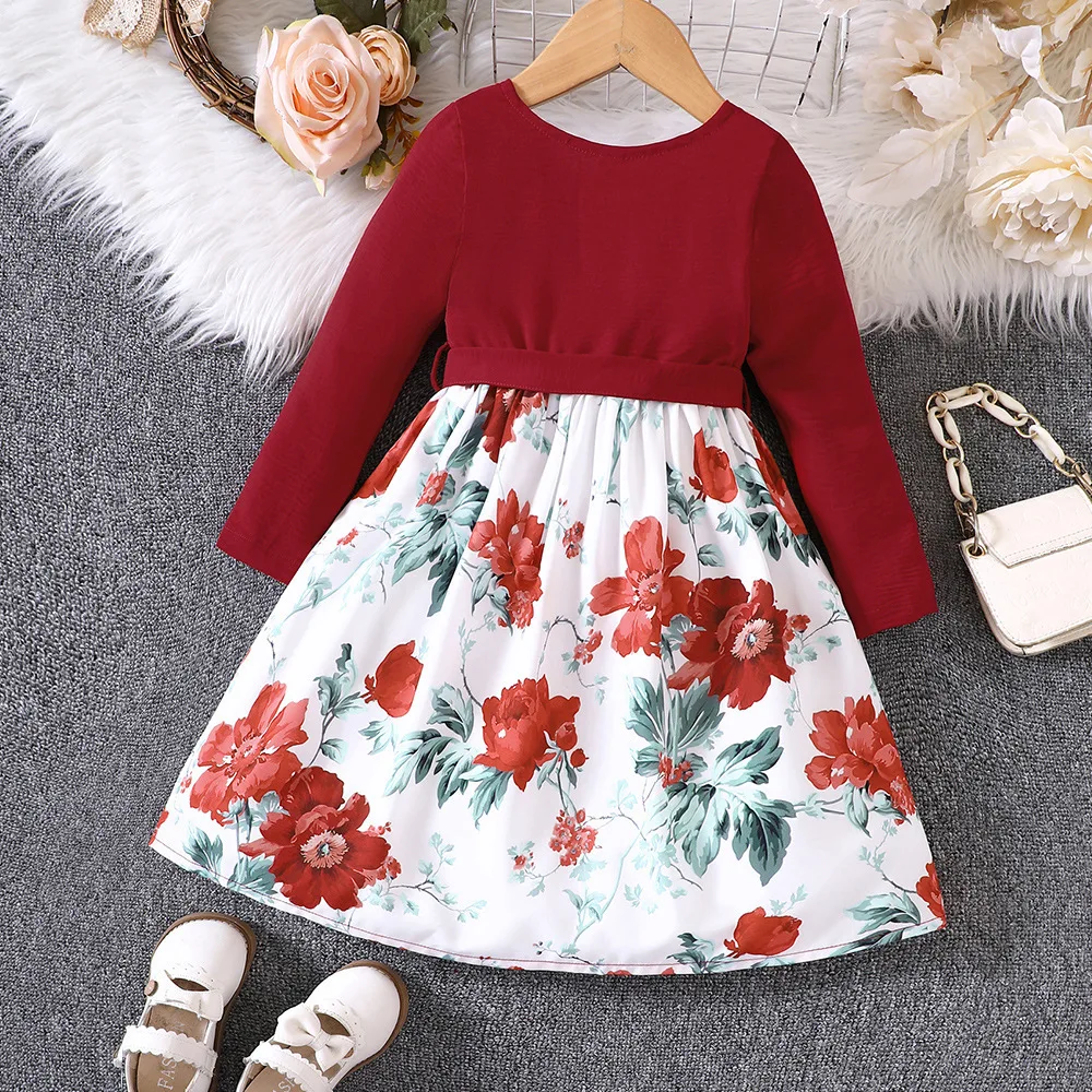 2024 Winter New Girls Dress Long Sleeve O Neck Print Floral Red Cute Designer Girls Princess Dress Vestido 4-10T