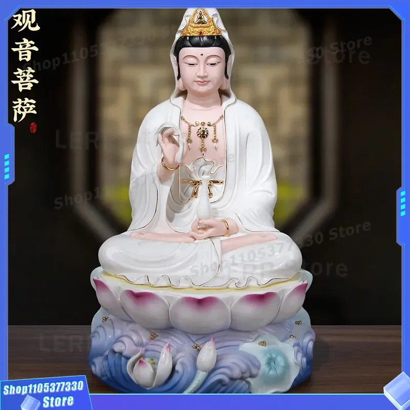 White Ceramic Guanyin Bodhisattva Statue Sitting on Lotus Flower Home Decoration Nanhai Buddha Ornament for Living Room Shelf