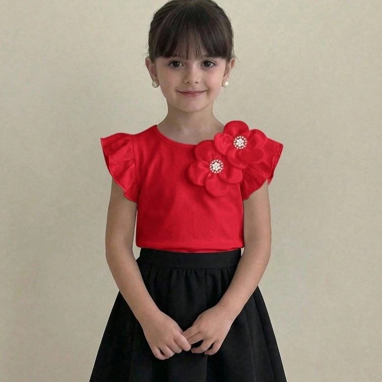 Girls T-shirt 2026 Spring and Summer New Childrens Wear Girls Baby French Gentle Three-dimensional Bead Flower Curled T Shirt