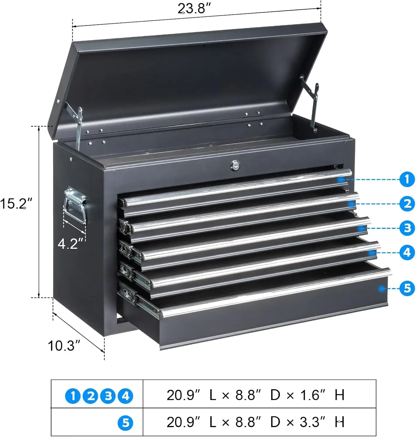 Coffre à outils en métal verrouillable pour garage, boîte à outils portable, 5 wers de proximité, rangement supérieur, 24 po