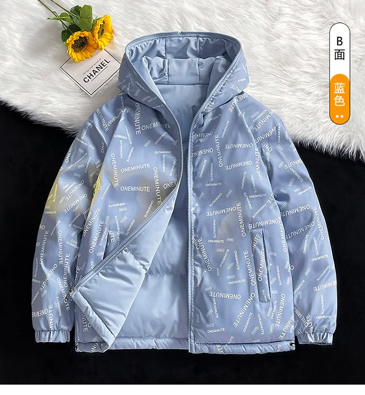 Winter Reversible Hooded Padded Jacket Men Women Thick Casual Streetwear