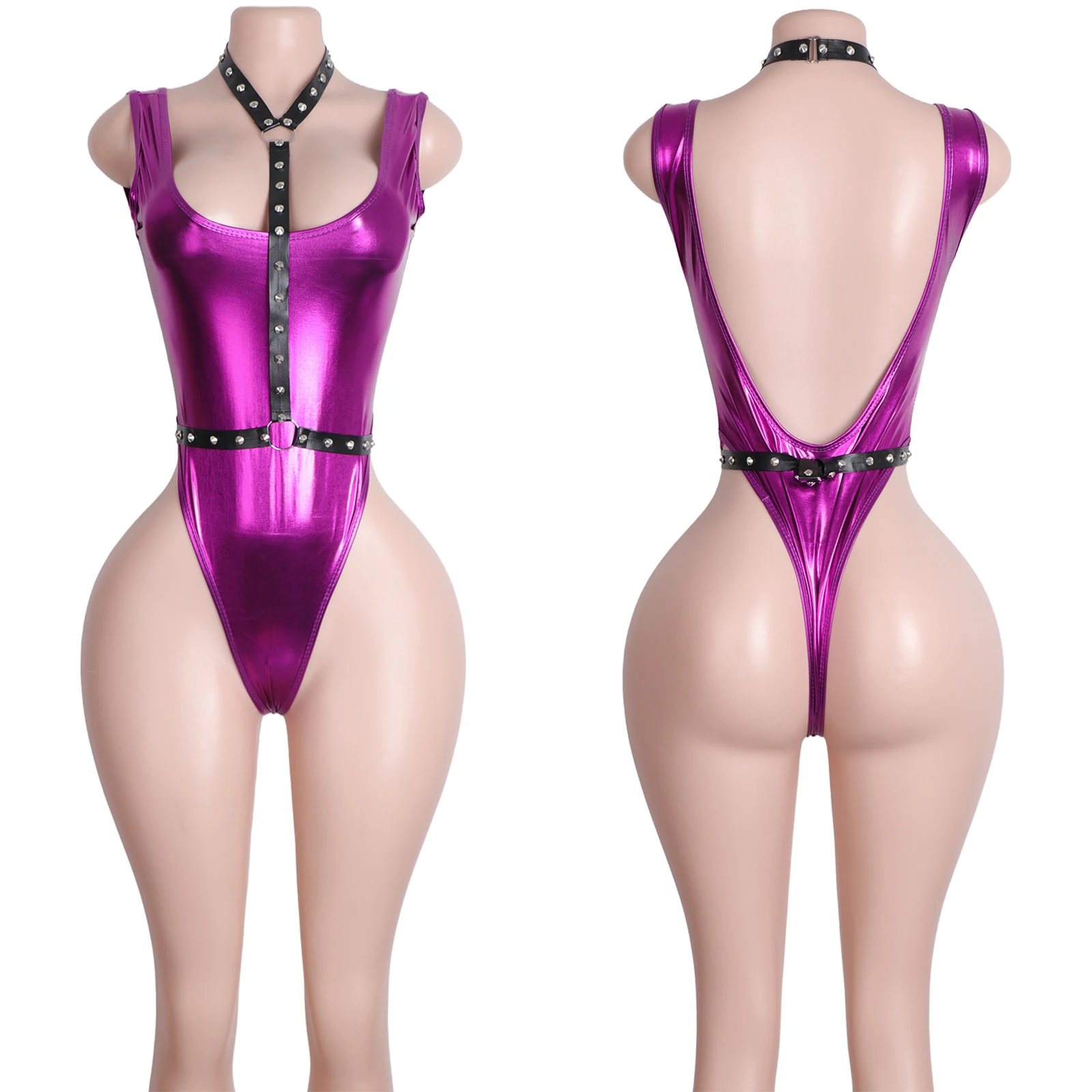 

Belt Buckle Thong Set Patent Leather Bodysuit Adjustable Straps Sexy Clubwear Lingerie Erotic Dancewear Performance Outfit