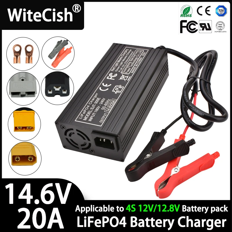 12V Lifepo4 Charger 14.6V 20A Lifepo4 Battery Charger for 4S 12V 12.8V Lifepo4 Battery Pack Charger With clips/XT60 Cooling fan