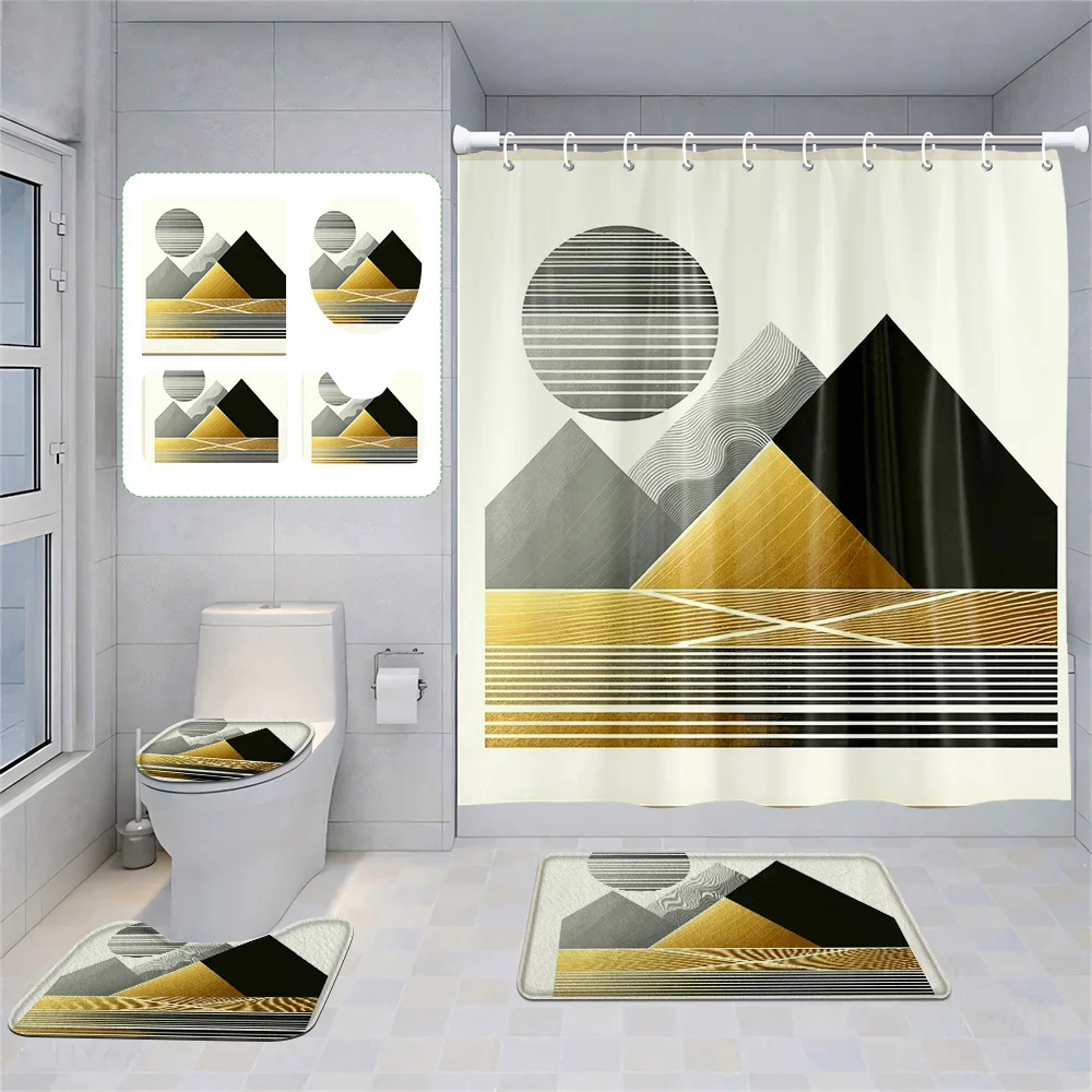 

Nordic Minimalist Abstract Geometric Bathroom suit Morandi Shower Curtain Floor Mat Toilet Mat Four-piece Home Decoration