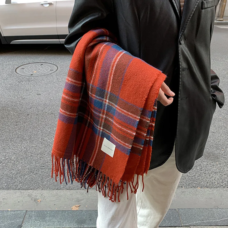 Lenço coreano retrô para mulher, borla, xadrez, luxo, outono, inverno, 2023
