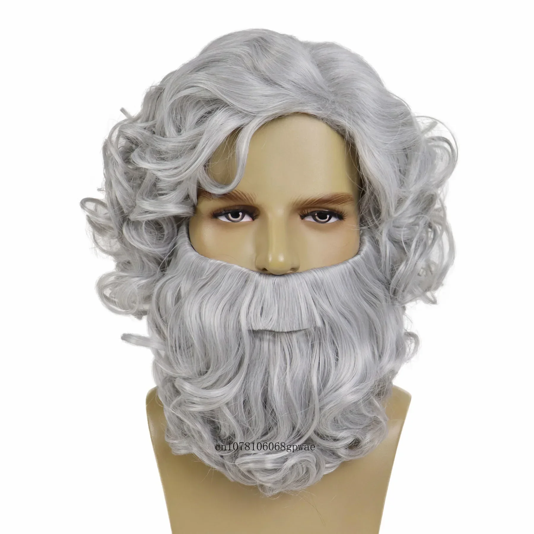 Short Old Men Synthetic Wig Wizard Beard and Wig Grey Curly Santa Claus Costume Wigs Christmas Cosplay Party Heat Resistant