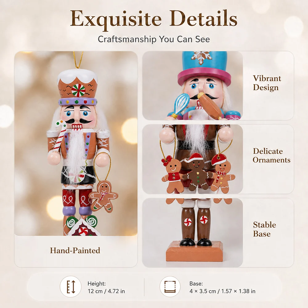 4Pcs Gingerbread Nutcracker Hanging Ornaments Wood Plastic 12cm Gold Wire Pendants For Christmas Tree Home Holiday Decoration