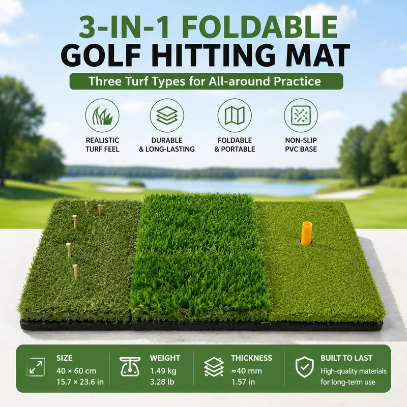 Foldable Durable Golf Practice Mat with Multi-Function Swing Cut Stroke PVC Bottom Three Grass Combination for Golfers