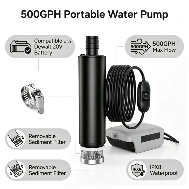 

Portable 500GPH Water Transfer Pump for Dewalt 18V/20V Battery Powered Deep Well Submersible Water Pump For Garden,Camping, Pool