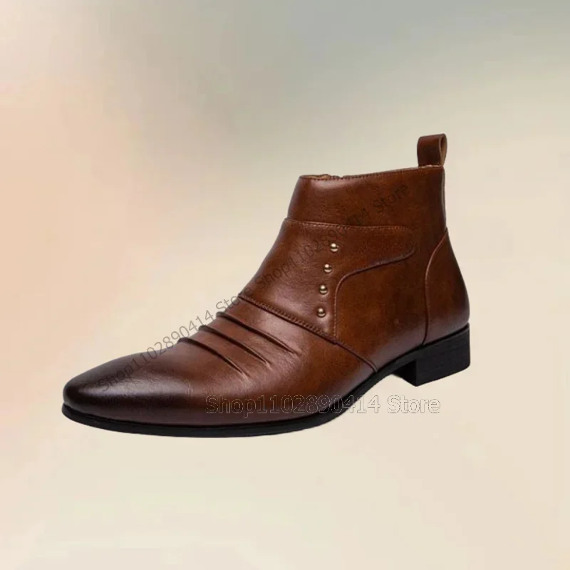 

Brown Pleated Design Rivets Decor Ankle Boots Fashion Slip On Male Shoes Luxurious Handmade Party Banquet Office Men Dress Shoes