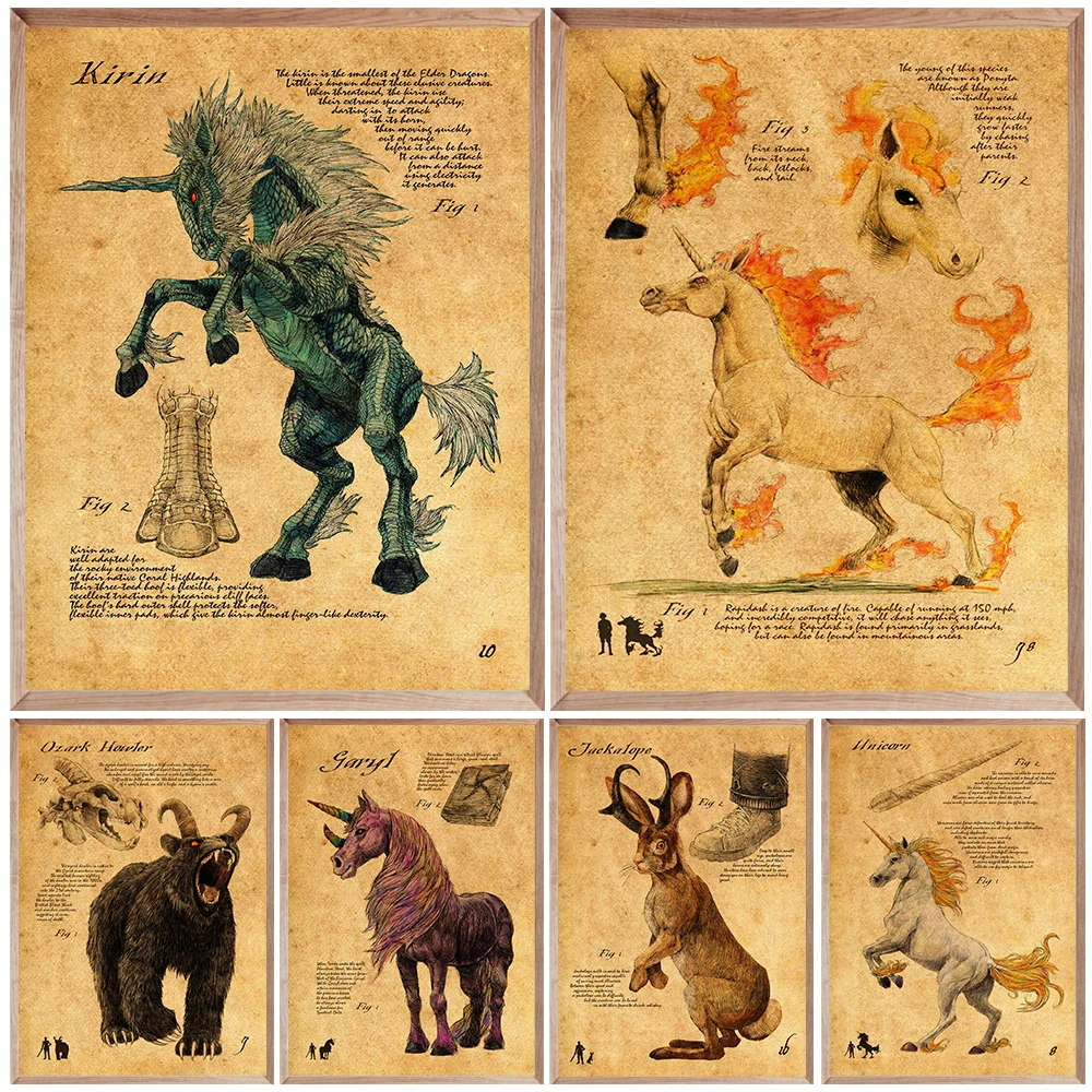 

Illustrated Book Of Magical Creatures,Vintage Wall Art Canvas Painting,Jackalope ,Unicorn,Kirin,Gary,Mythical Animals Art Poster