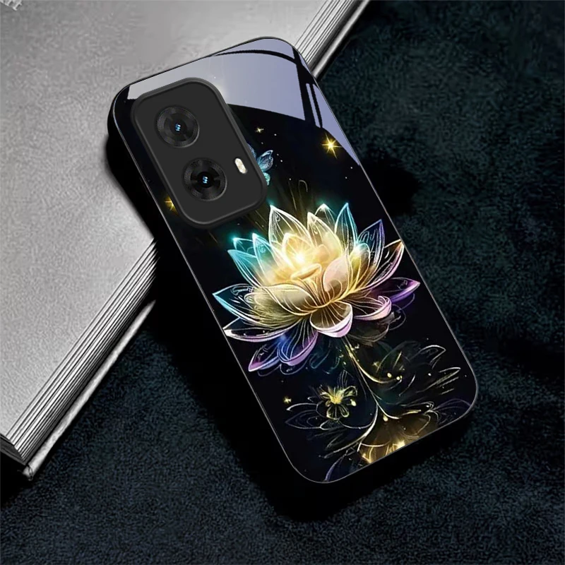 Crystal Lotus Art Black Glass Phone Case For Motorola Moto G14/G22/G24Power/G24/G34/G35/G45/G54/55/G75/G84/85 Hard Black Cover view 2