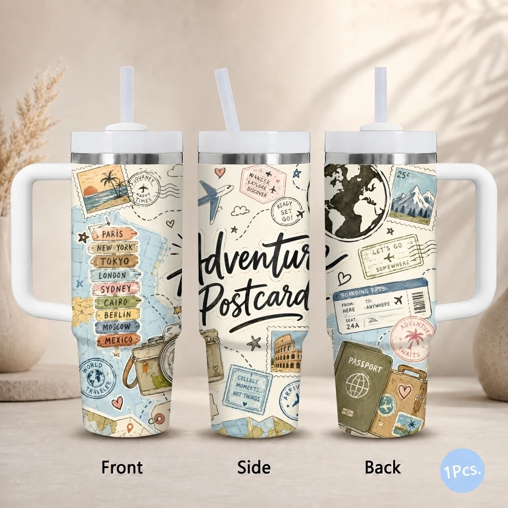 INS Wander Travel Collage Trip Vacuum Flasks 40oz Stainless Steel Insulated Tumbler With Handle & Straw Leakproof Travel Mug