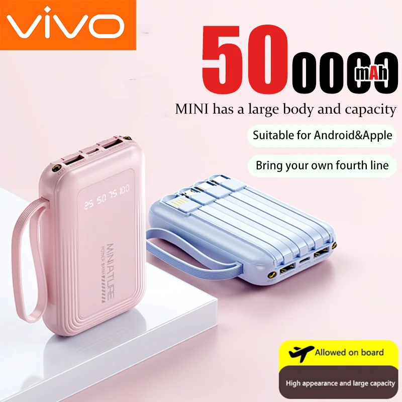 VIVO 500000mAh Mini Power Bank Super Fast Charging Built in  4 Cables Digital Display Powerbank for iPhone Samsung Huawei