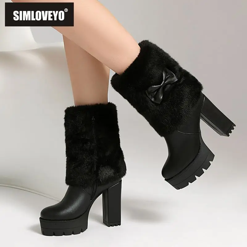 

SIMLOVEYO 2025 милые женские ботинки до середины икры с круглым носком, 11 см, блочные каблуки 3,5 см, платформа, молния, галстук-бабочка, большие размеры 50 обуви для свиданий