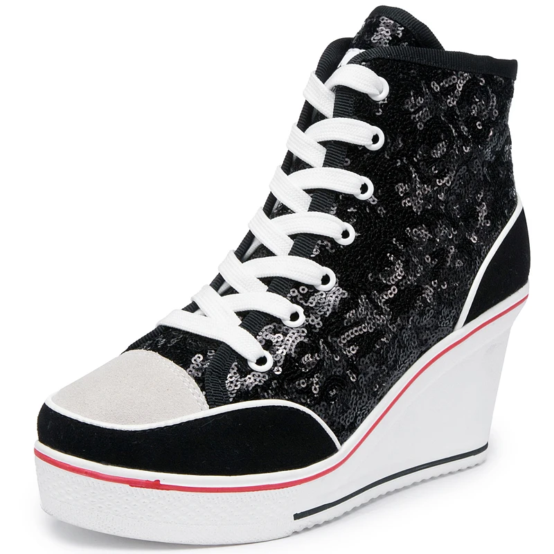 Scarpe da donna rosa nero argento Glitter Vulcanize donna Platform Wedge Sneakers Casual Zapatos De Mujer