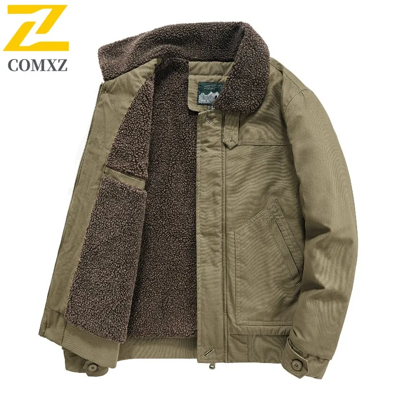 

COMXZ 2025 Men's Washed Cotton Sherpa Lined Jacket Autumn Winter Turn Down Collar Youth Casual Oversize Workwear Coat