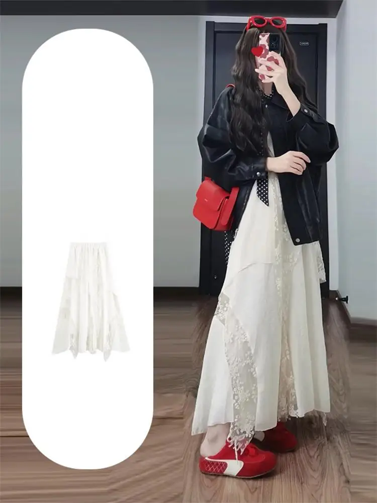 

Эле кружевная вышивка асимметричная юбка-миди с высокой талией женская летняя свободная юбка трапециевидной формы повседневная корейская юбка