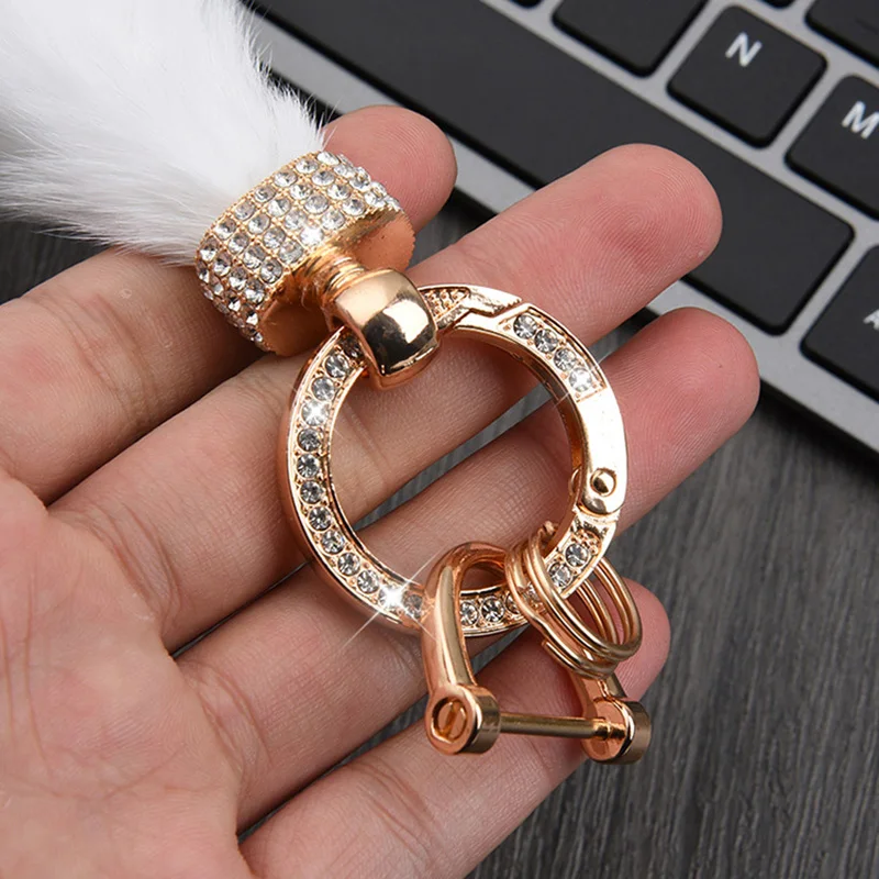 Fashion Real Fur Mink Tail Car Keychain for Women Fluffy Tassel Pendant Crystal Keyring Charms Bag Ornament Soft Fur Key Holder