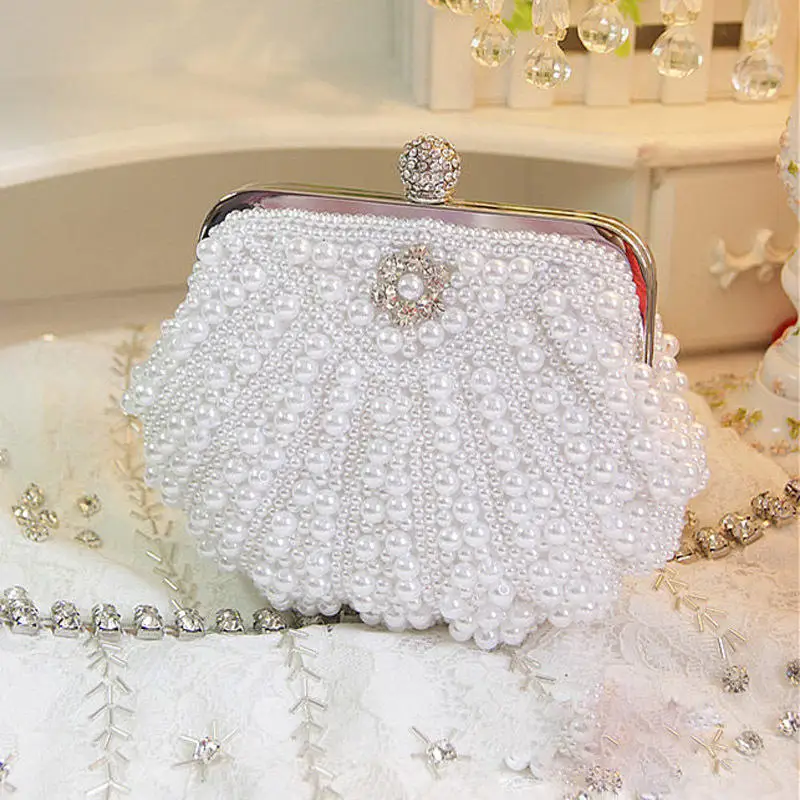 Factory direct wholesale luxury pearl clutch bag handmade beaded evening bag classic scalloped handbags for wedding party prom