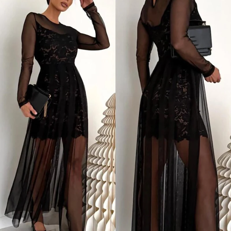 Damska sukienka maxi z koronką, dekoltem typu O, seksowna, codzienna, nowa moda damska, plisowana, idealna na wakacje, z siateczkowymi wstawkami, na wiosnę i lato 2026, sukienka bankietowa.