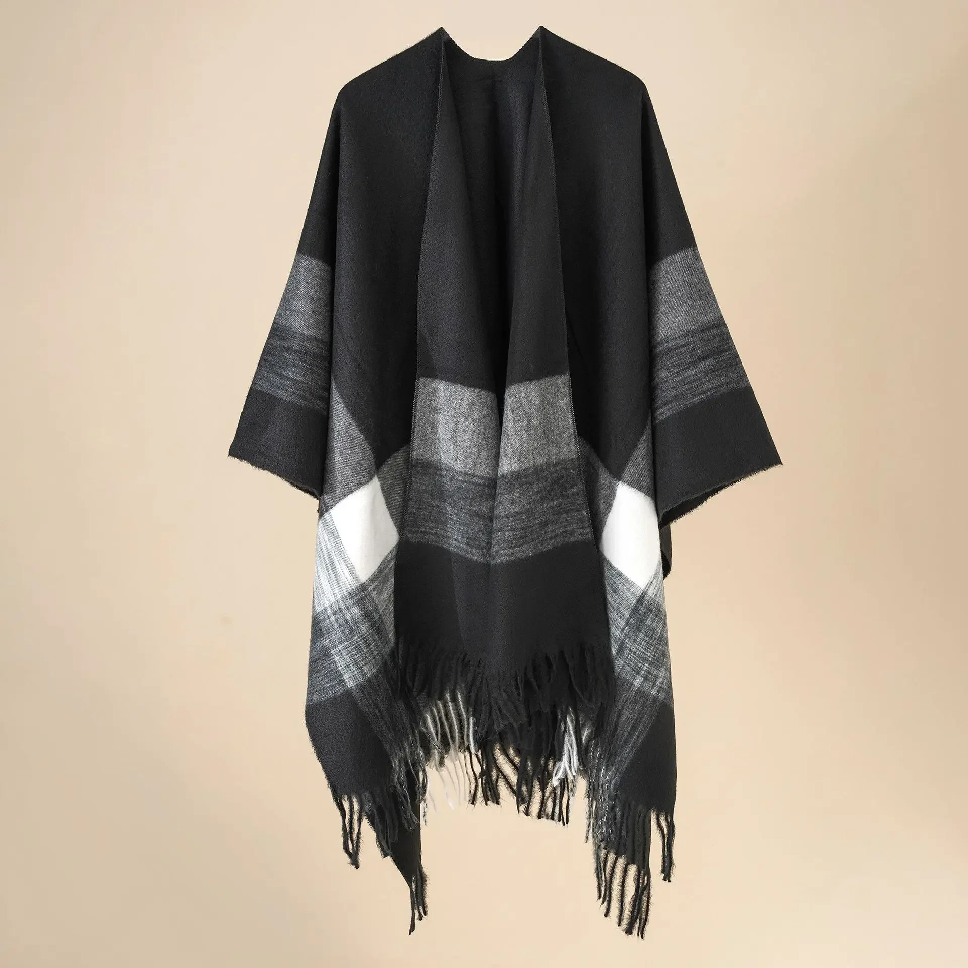 Châle chaud à carreaux pour femme, cape poncho, long, fendu, rue Everak, automne, hiver