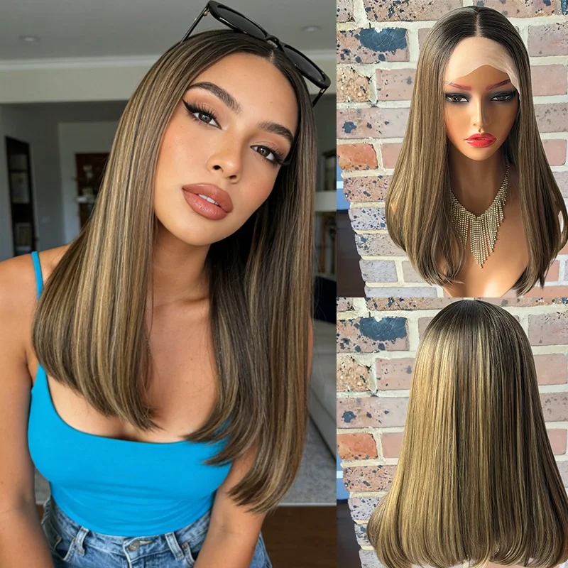 

Straight Lace Front Wig for Women Brown With Blonde Highlights Glueless Top Sale Soft as Human Hair Hd Transparent 13x4 Wigs