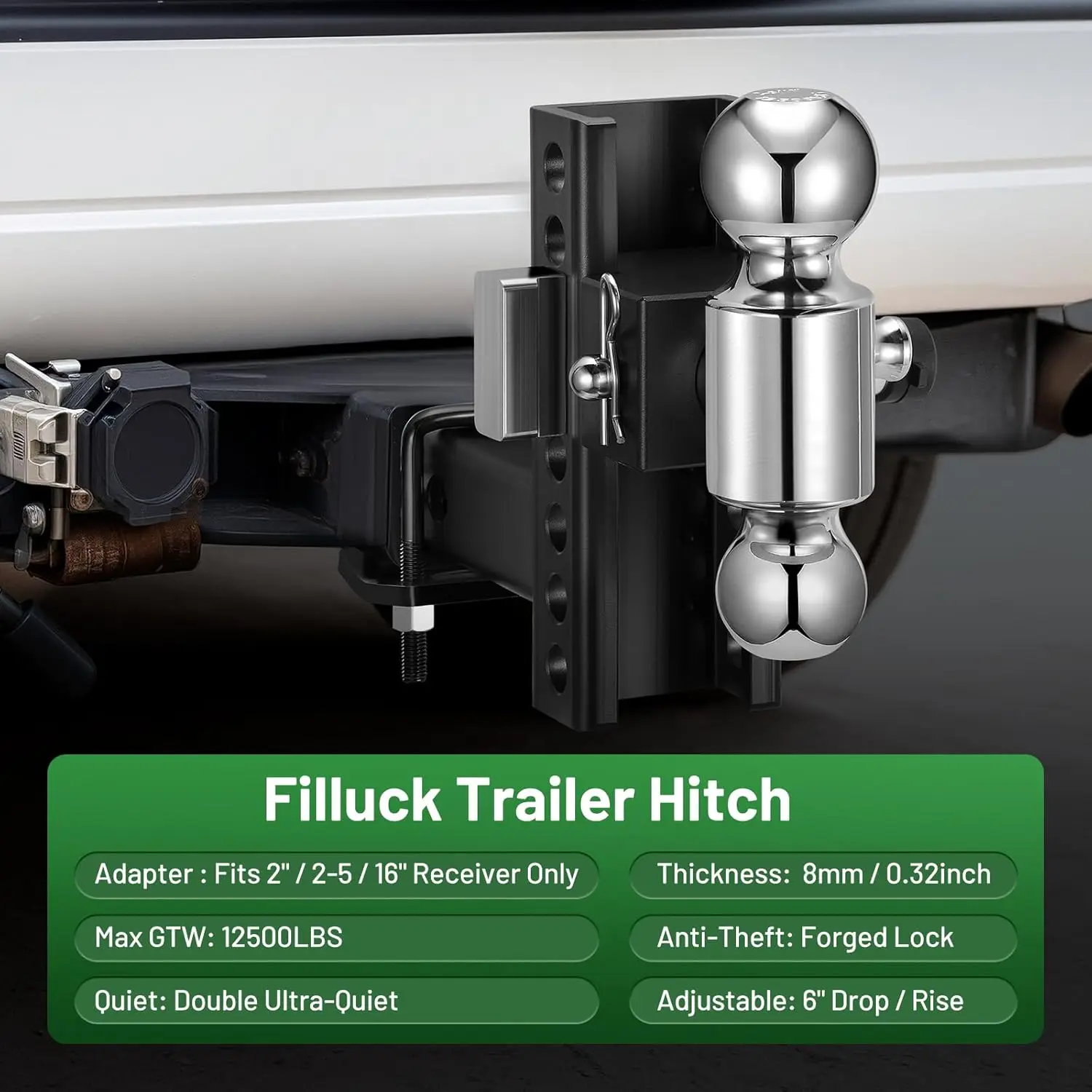 Gancio per rimorchio regolabile, ricevitore da 2', caduta/aumento da 6', 12500 libbre GTW, nero