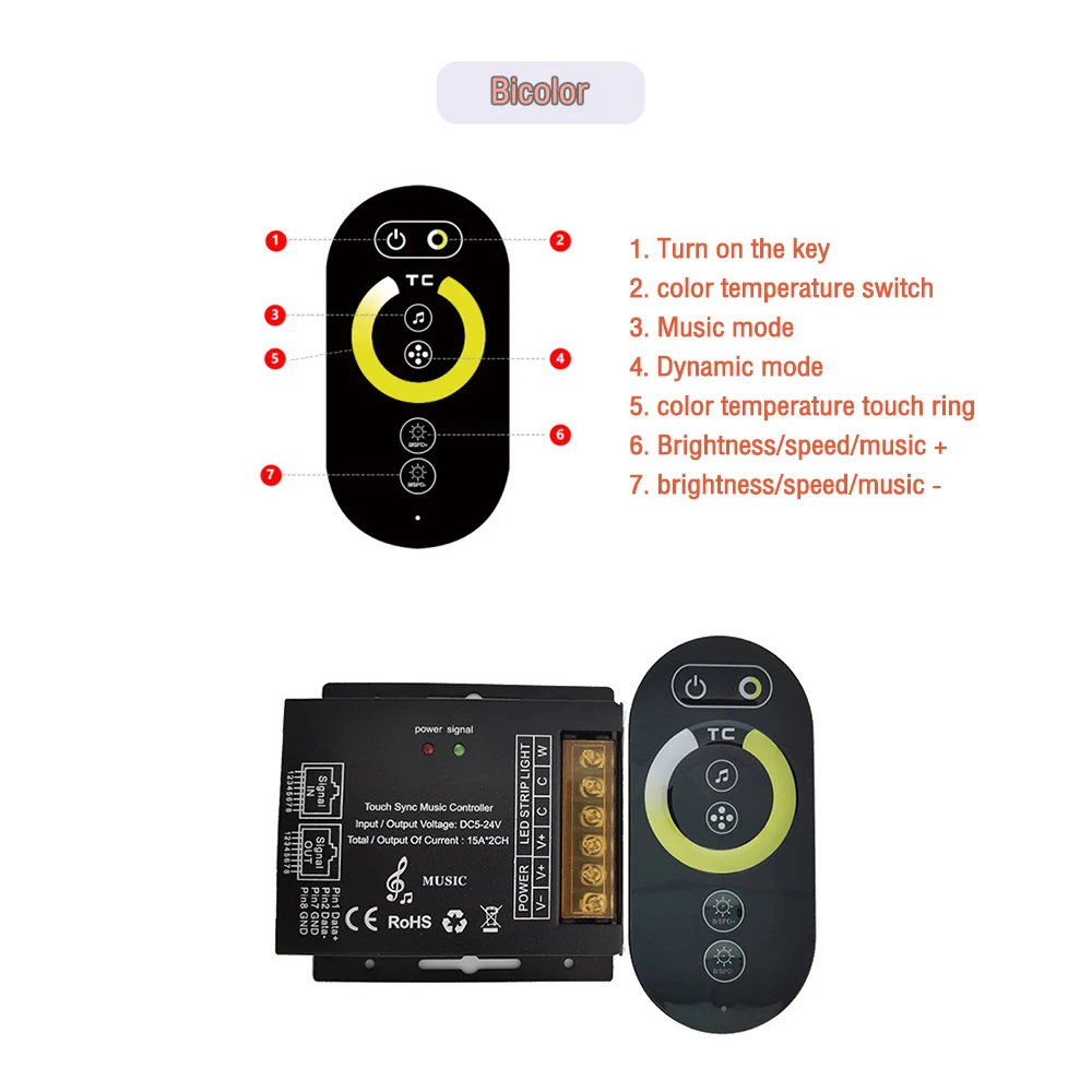 DC5-24V 10A 15A LED Strip Light RF Touch Remote Controller Dimmer for 3528 5050 SMD COB CCT RGB Tape Lights Adjust Brightness