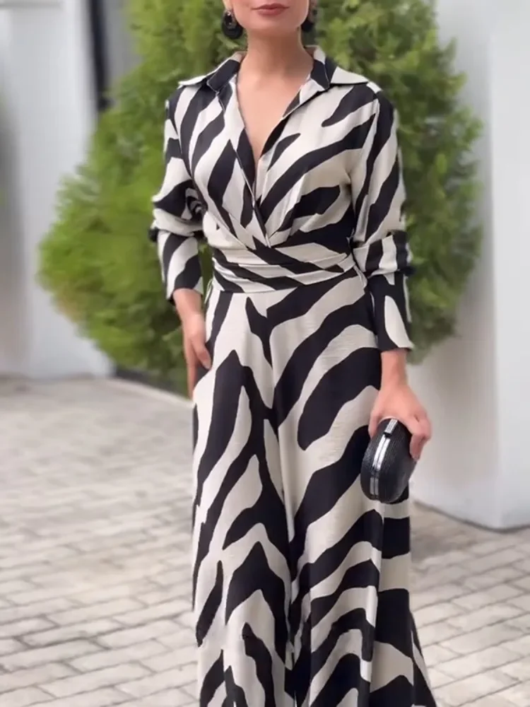 Tute da donna con risvolto a gamba larga stampate zebrate alla moda, maniche lunghe, vita alta, tute da festa per ufficio alla moda urbana